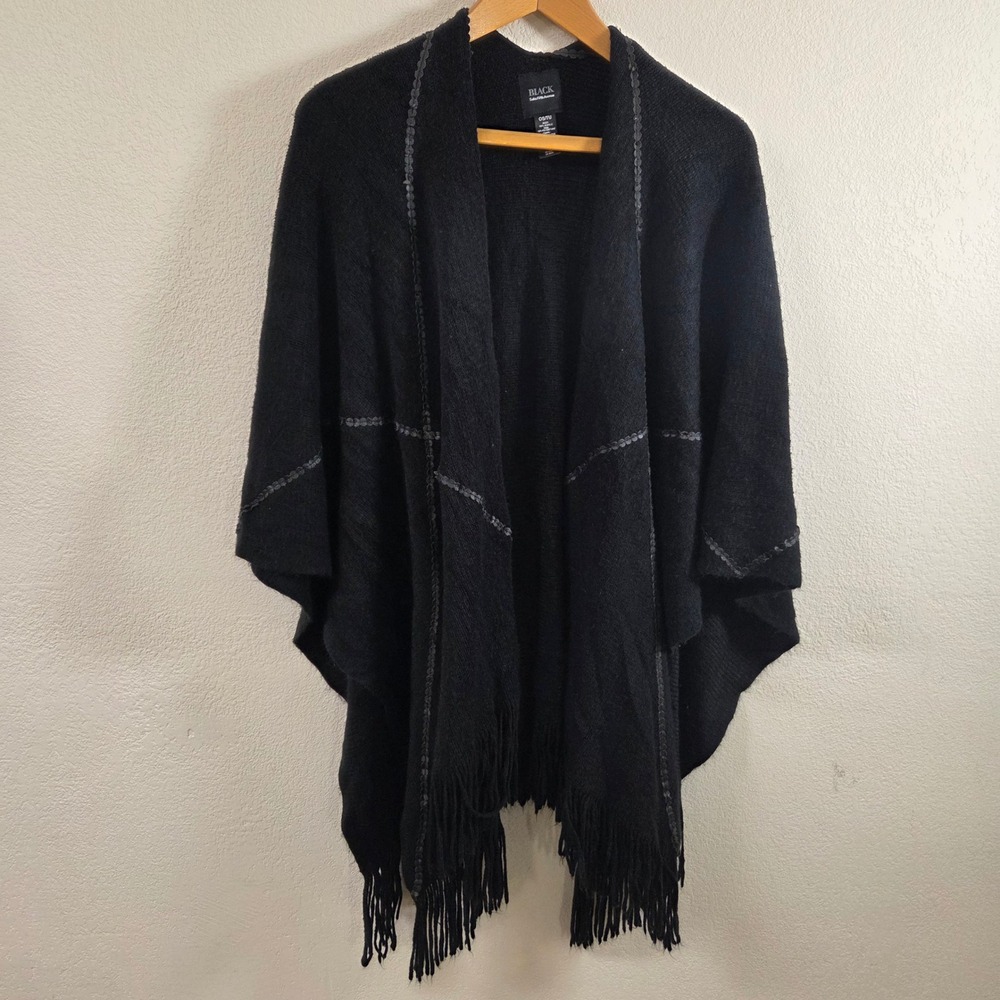 Black Saks Fifth Avenue Sequin Trim Fringed Poncho Wrap One Size Black OS